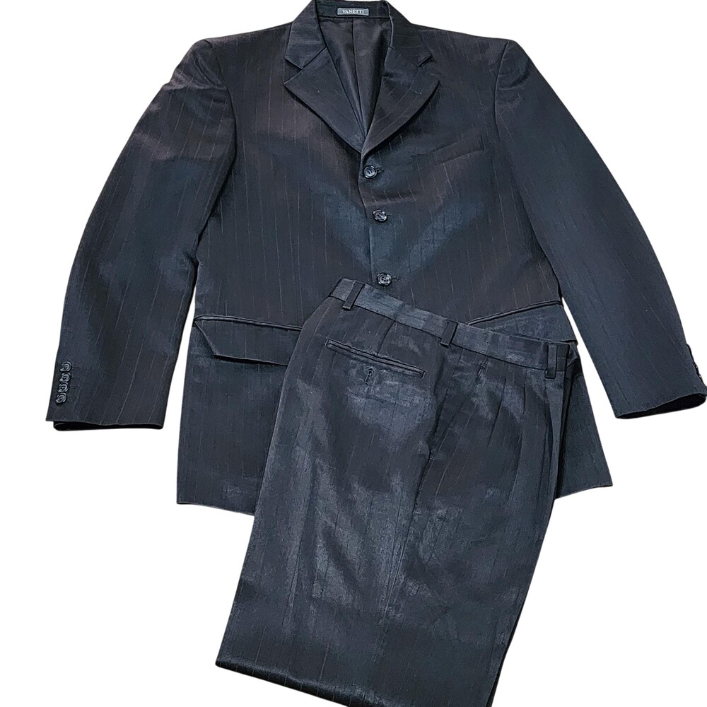 Vanetti Suit Mens 38 31x29 Black Polyester Striped 2 Piece Classic Fit Business